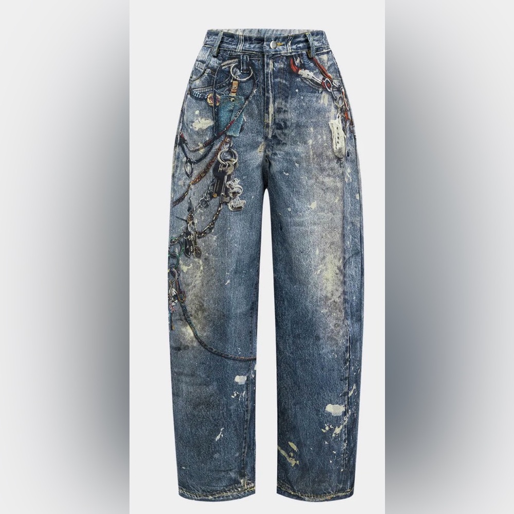 Micas Blue Denim Jeans barrel legs with Chain Print size XL BNWT